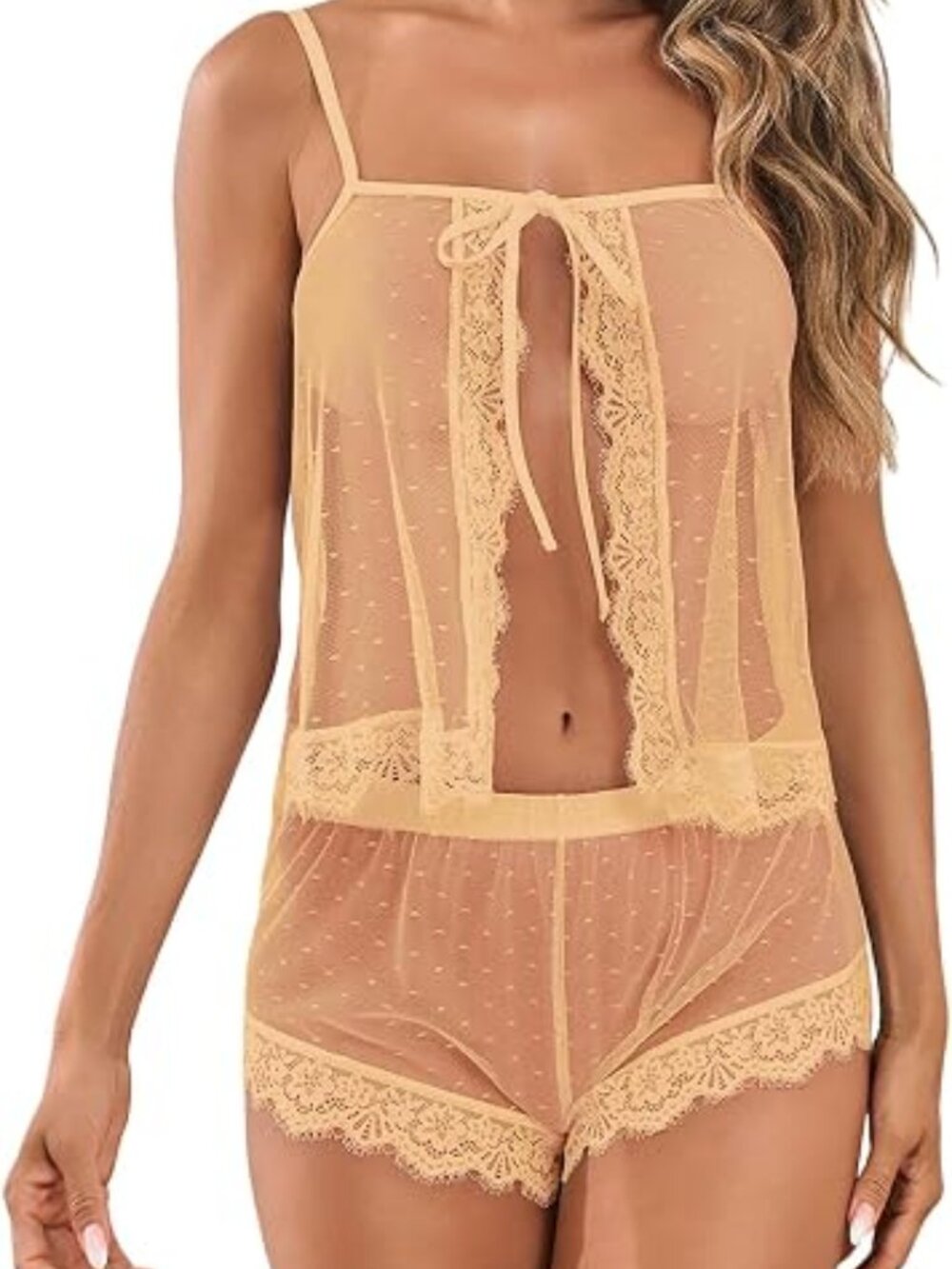 Womens Lingerie Sets Sexy See Through Lace Bridal Short Pajamas Set Color Beige